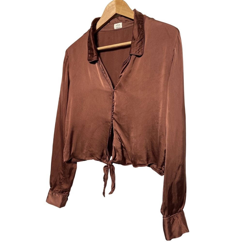 Aritzia Wilfred Satin Tie Front Blouse Brown Women's Size S Retail: $138